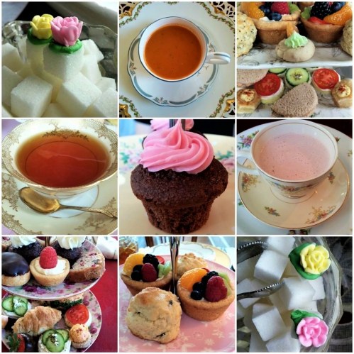 A collage of desserts and beverages, including cupcakes, tea, fruit, and sugar cubes, arranged on elegant plates.