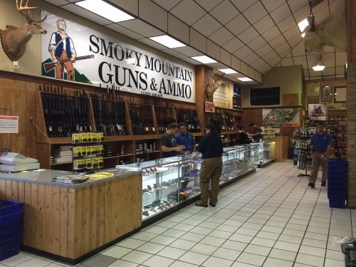A gun shop interior with displays of firearms, ammunition, and customers interacting with staff at the counter.