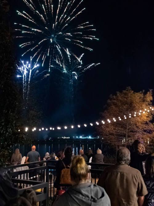 A crowd watches fireworks illuminate the night sky over a lake, with string lights glowing in the foreground.