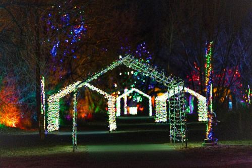 A pathway lined with colorful holiday lights and illuminated arches in a dark, festive setting.