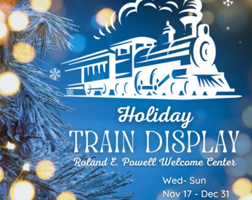 Holiday train display advertisement featuring a train graphic, with event details and a festive background.