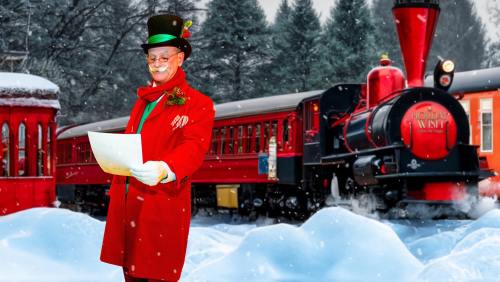 A man in a red coat and top hat reads a letter in a snowy landscape with a red train in the background.