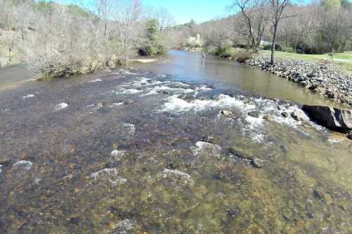 A serene river flows through a wooded area, with clear water and rocky banks under a bright blue sky.