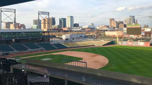 A view of a baseball field with city skyline in the background under a partly cloudy sky.