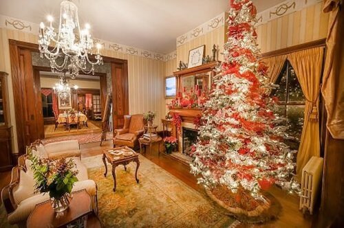 Cozy living room decorated for Christmas, featuring a beautifully adorned tree and elegant furnishings.