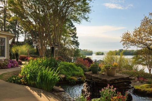 A serene lakeside garden with vibrant flowers, lush greenery, and a peaceful water feature under a clear blue sky.