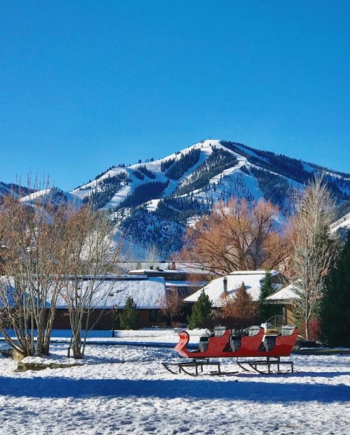 A snowy landscape with a red sleigh in the foreground and a mountain in the background under a clear blue sky.
