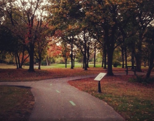 A winding path through a park with trees showing autumn colors and a signpost along the way.