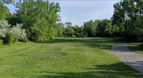 A lush green golf course with trees lining the fairway and a path on the right, under a clear blue sky.