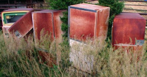 A cluster of old, rusty refrigerators partially hidden in tall grass and weeds.