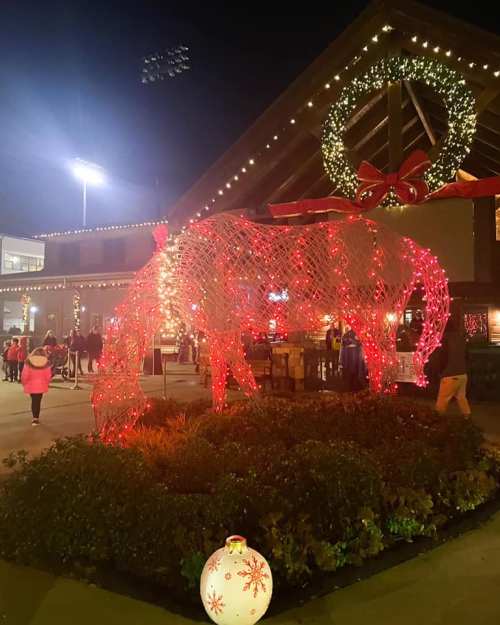 A lit bear sculpture surrounded by festive decorations and people enjoying a holiday event at night.