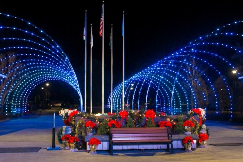 A festive display of blue lights arches over a bench surrounded by red poinsettias and flags at night.