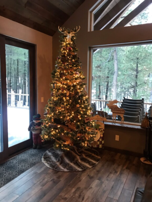 A beautifully decorated Christmas tree with lights, set in a cozy room with large windows overlooking snowy trees.