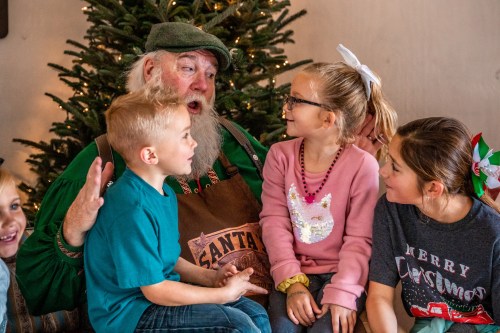 A jolly Santa talks to a group of children, surrounded by a decorated Christmas tree and festive decorations.