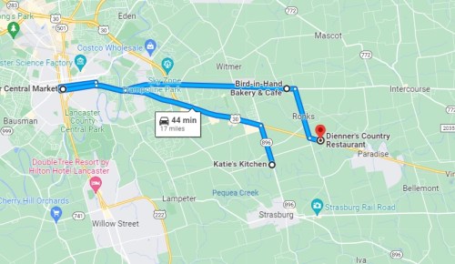 Map showing a route from Central Market to Dienner's Country Restaurant, with a travel time of 44 minutes.