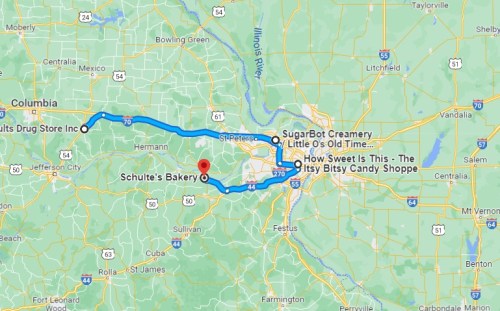 Map showing a route connecting Columbia, Schulte's Bakery, and various candy shops in Missouri.