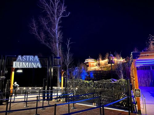 Entrance to Astra Lumina at night, featuring illuminated trees and a scenic view of the pathway and buildings.