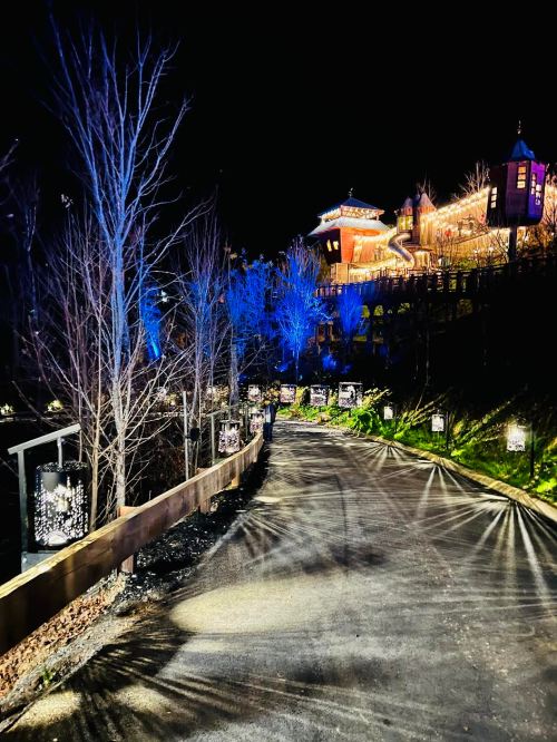 A winding path illuminated by blue lights, leading to a brightly lit building at night, surrounded by trees.