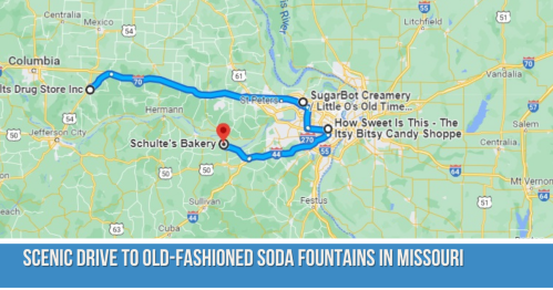 Map showing a scenic drive route in Missouri to old-fashioned soda fountains, highlighting key stops along the way.