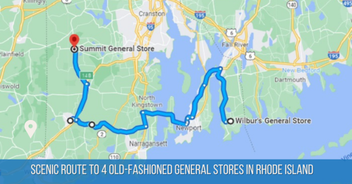 Map showing a scenic route to four old-fashioned general stores in Rhode Island, highlighting Summit and Wilbur's stores.