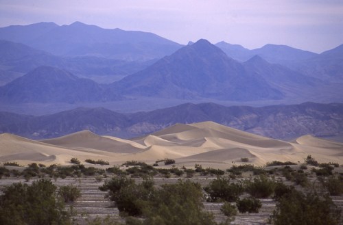 A vast desert landscape with rolling sand dunes and distant mountains under a cloudy sky.