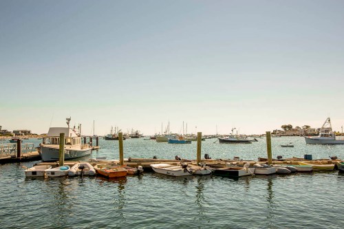 A peaceful harbor scene with various boats docked and a clear blue sky in the background.