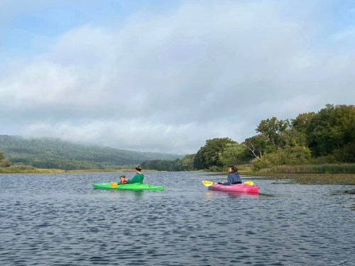Two people kayaking on a calm river surrounded by lush greenery and misty mountains in the background.