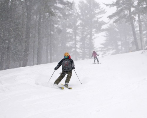 A child skiing down a snowy slope with trees in the background, while another skier is visible further up the hill.