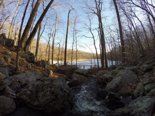 A serene landscape featuring a stream flowing through rocky terrain, surrounded by bare trees and a distant river.