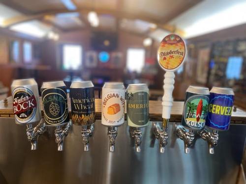 A row of beer cans and a tap handle on a bar, showcasing various beer styles and brands.