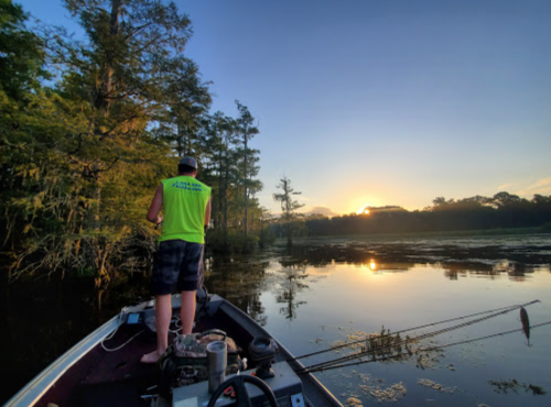 A person fishing from a boat at sunset, surrounded by trees and calm water reflecting the colorful sky.