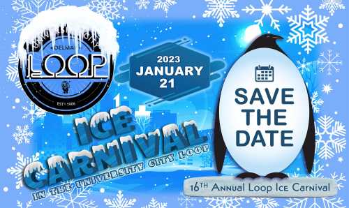 Graphic promoting the 16th Annual Loop Ice Carnival on January 21, 2023, featuring a penguin and winter-themed design.