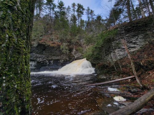 A serene waterfall cascades into a dark pool, surrounded by lush trees and rocky cliffs under a partly cloudy sky.