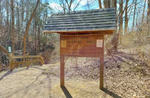 Wooden sign for Tyrona Natural Area, surrounded by trees, with a path leading into the area.