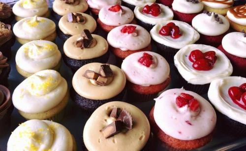 A variety of colorful cupcakes with different frosting and toppings arranged in rows.