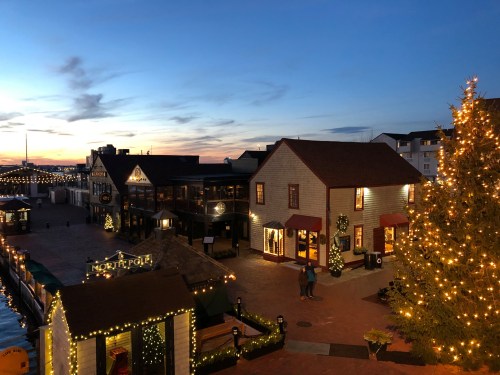 A festive waterfront scene at dusk, featuring decorated buildings and a Christmas tree with lights.