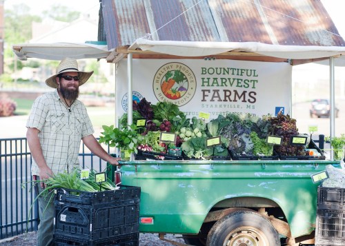 A farmer stands by a green cart filled with fresh vegetables at a market, with a sign for Bountiful Harvest Farms.