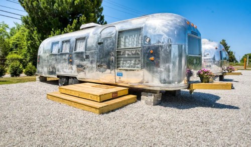Two vintage Airstream trailers parked on gravel, surrounded by greenery and featuring wooden steps and flower pots.