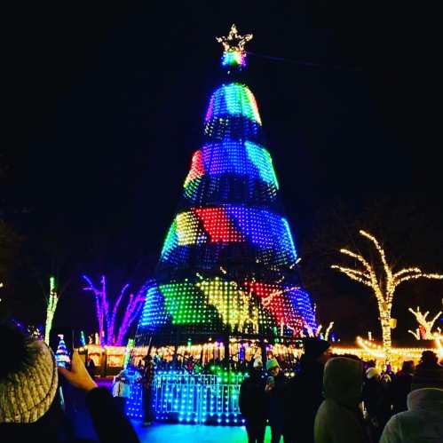 A brightly lit Christmas tree made of colorful lights, surrounded by festive decorations and people enjoying the display.