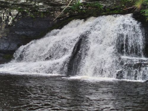 A cascading waterfall flows over rocky ledges into a calm body of water, surrounded by lush greenery.