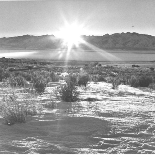 A black and white landscape featuring a sunrise over mountains, with snow-covered ground and sparse vegetation in the foreground.
