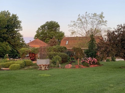 A serene garden scene featuring a house surrounded by lush greenery and blooming flowers under a pastel sky.