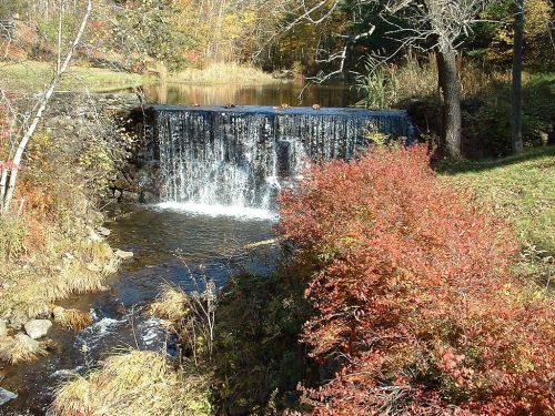 A serene waterfall cascades over a stone wall, surrounded by autumn foliage and a tranquil pond.