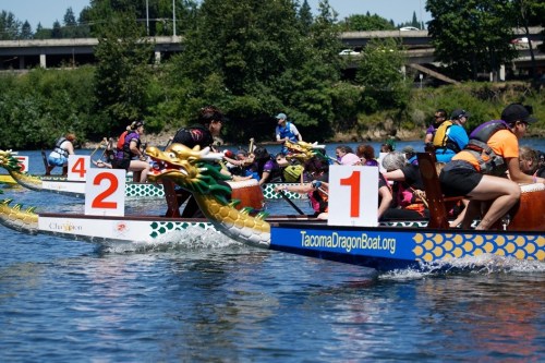 Teams compete in dragon boat racing on a sunny day, with colorful boats and spectators in the background.