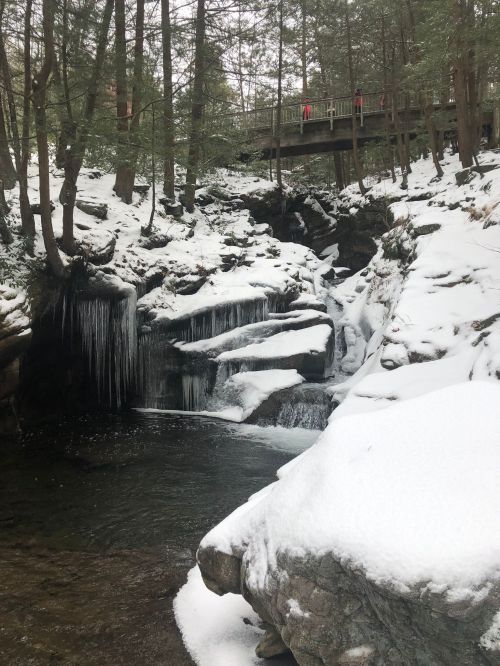 A snowy landscape featuring a waterfall and icy rocks, with a wooden bridge and trees in the background.