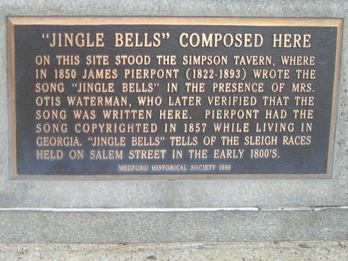 Plaque detailing the history of "Jingle Bells," written by James Pierpont in 1850 at the Simpson Tavern.