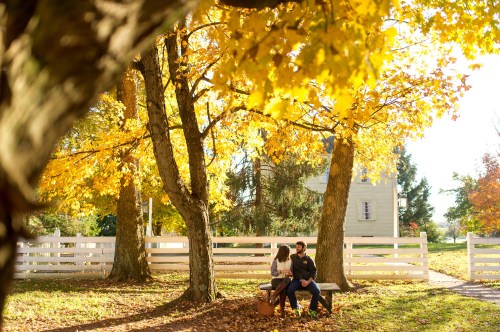 A couple sits on a bench under vibrant autumn trees, surrounded by fallen leaves and a white fence in the background.