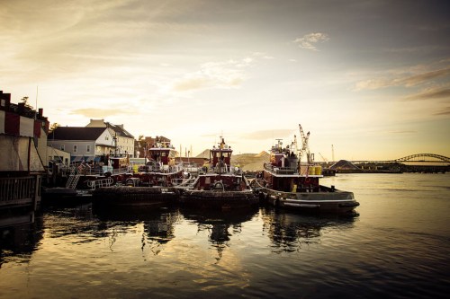 Tugboats docked at a harbor during sunset, reflecting on calm waters with buildings in the background.