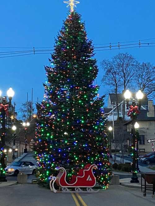 A large, brightly lit Christmas tree stands in a town square, with a red sleigh and festive decorations nearby.