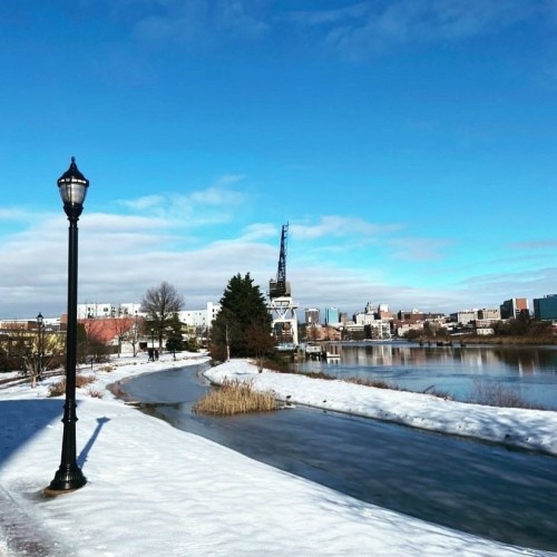 A snowy riverside scene with a lamppost, trees, and a city skyline under a clear blue sky.